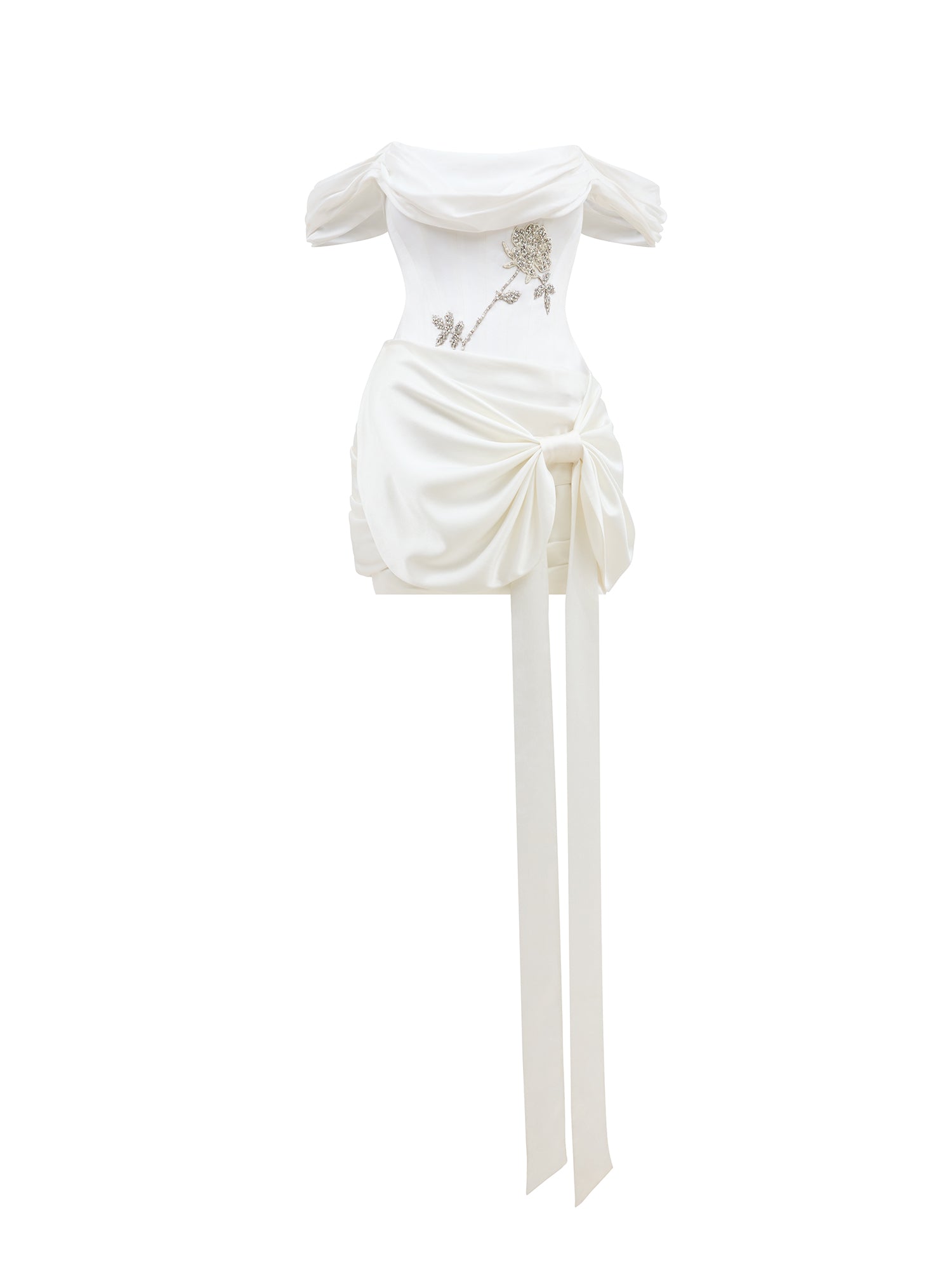 clio peppiatt white mini dress Clio Peppiatt Paloma Convertible Draped Embellished Satin Mini Dress - Women - Ivory Dresses